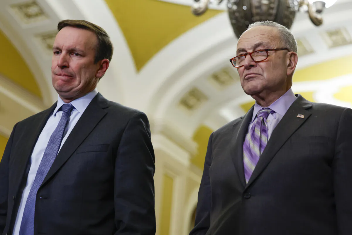 Sen. Chris Murphy (D-Conn.) and Senate Majority Leader Chuck Schumer (D-N.Y.) are seen at a news conference at the U.S. Capitol in Washington on Feb. 6, 2024. (Anna Moneymaker/Getty Images)