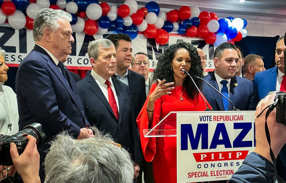 Mazi Pilip addresses supporters at The Lannin after conceding the special congressonal election to Tom Suozzi, on Feb. 13, 2024. (Courtesy of Juliette Fairley)