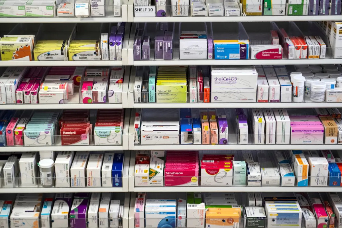 Medication displayed on shelves at the Monklands University Hospital in Airdrie, Lanarkshire, Scotland, on March 7, 2022. (Andy Buchanan/WPA Pool/Getty Images)