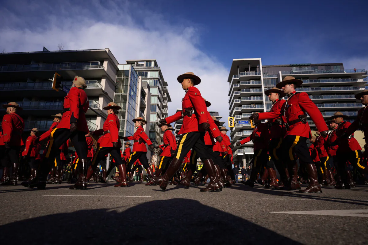 RCMP officers march at the funeral for slain RCMP Const. Shaelyn Yang, in Richmond, B.C., on Nov. 2, 2022. (The Canadian Press/Darryl Dyck)