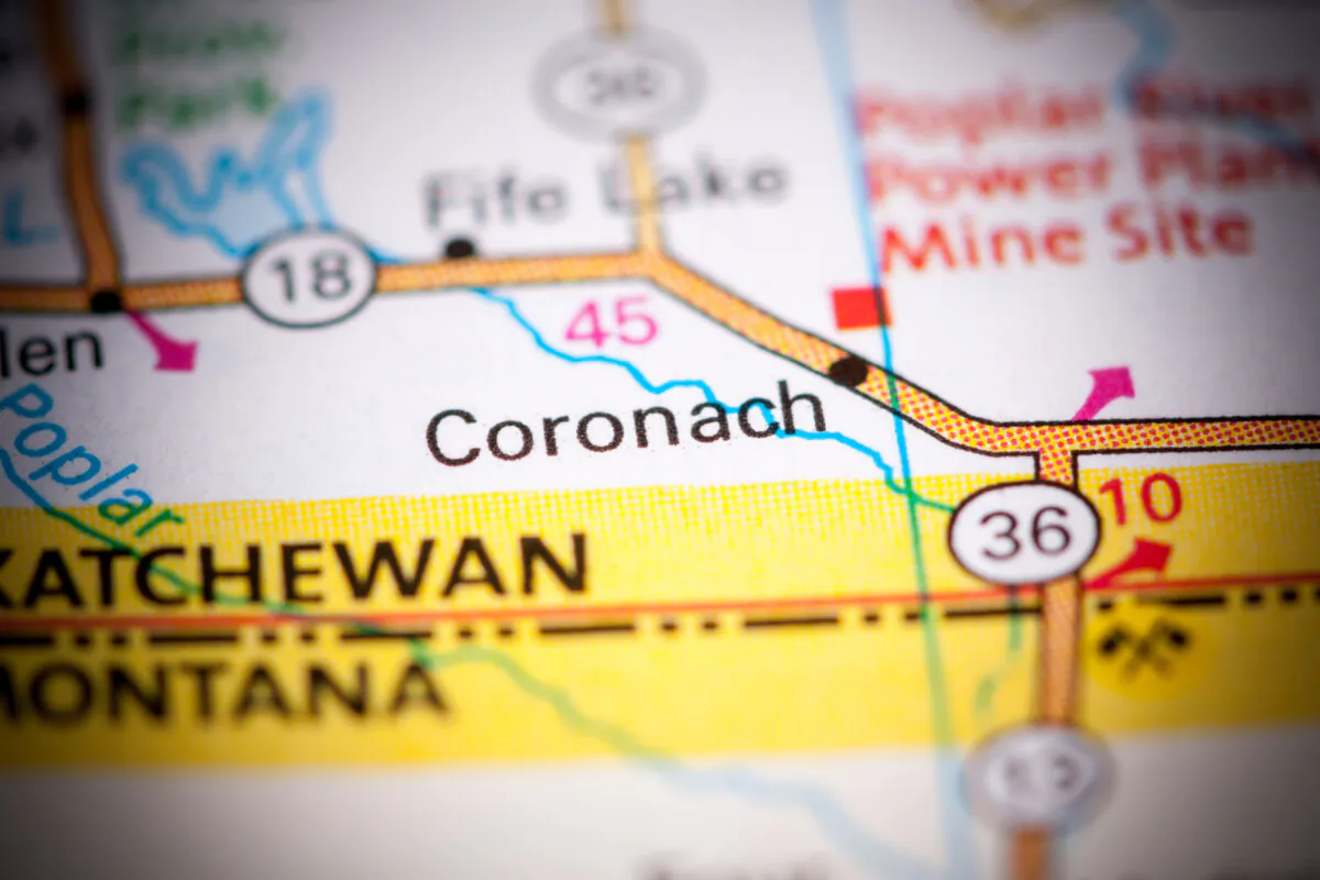 The town of Coronach, Saskatchewan, shown on a map.(SevenMaps/Shutterstock)