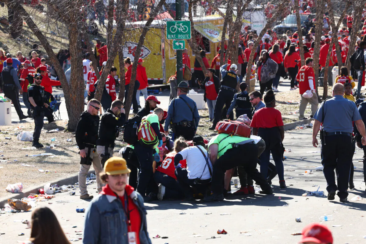 Law enforcement and medical personnel respond to a shooting at Union Station during the Kansas City Chiefs Super Bowl LVIII victory parade in Kansas City, Mo., on Feb. 14, 2024. (Jamie Squire/Getty Images)