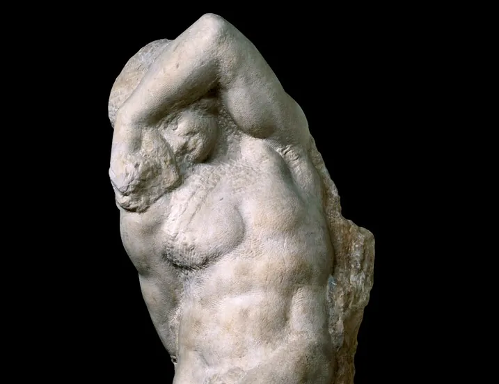 A detail of “Young Slave,” 1530, by Michelangelo. Marble, 101 inches high. Galleria Dell’Accademia di Firenze. (Public Domain)