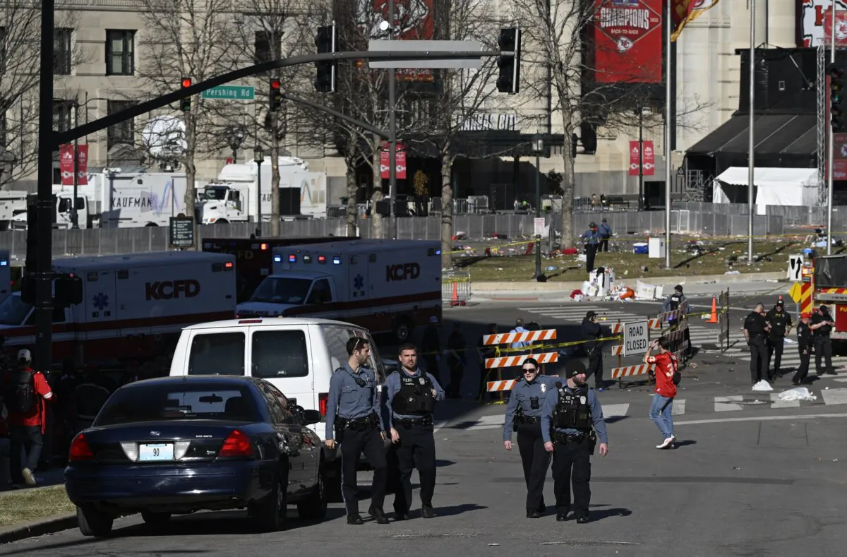 Police officers patrol outside Union Station after shots were fired near the Kansas City Chiefs' Super Bowl LVIII victory parade in Kansas City, Mo., on Feb. 14, 2024. (Andrew Caballero-Reynolds/AFP via Getty Images)