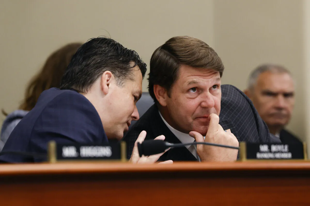 House Budget Committee Ranking Member Rep. Brendan Boyle (D-Pa.) speaks with chairman Rep. Jodey Arrington (R-Texas) during a markup meeting alongside on Capitol Hill, on Sept. 20, 2023. (Anna Moneymaker/Getty Images)