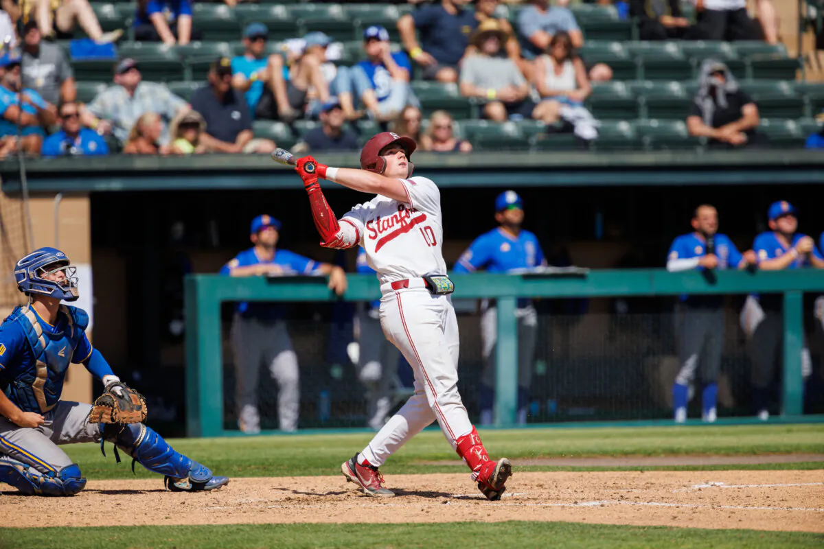 Stanford Cardinal catcher Malcolm Moore, the Pac-12 freshman of the year last season, hit .311 and finished third on the team with 63 RBIs. Above, Moore playing against San Jose State on June 2, 2023. (Courtesy of Stanford)