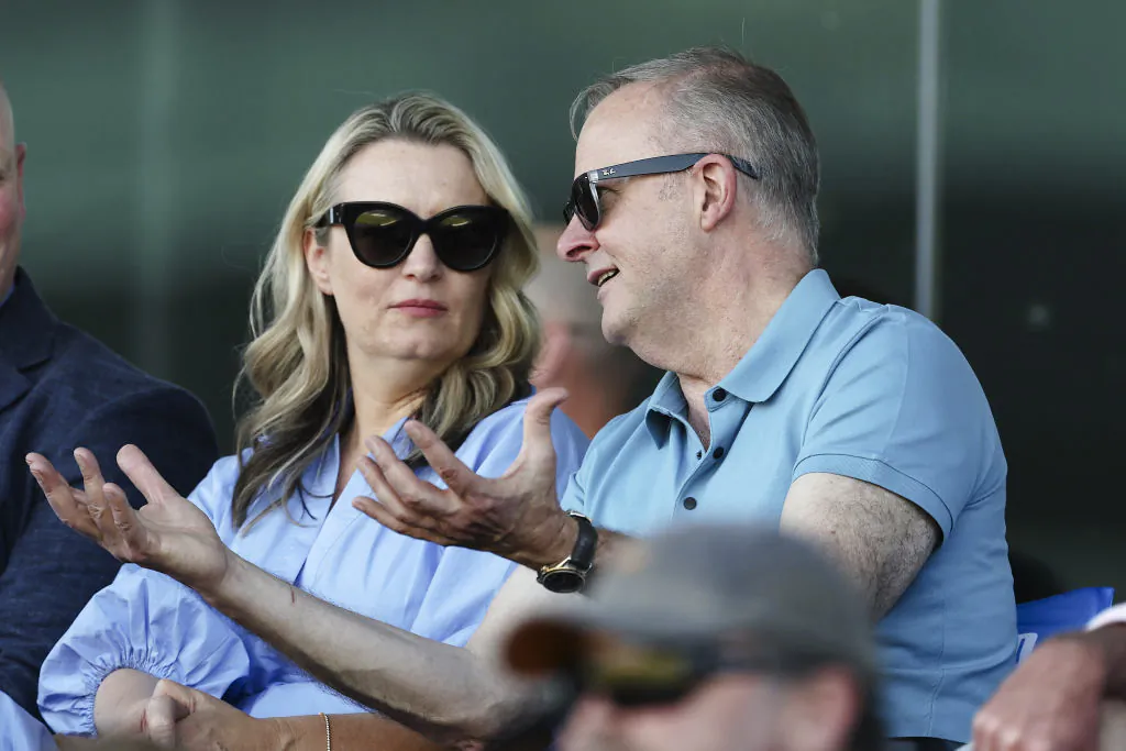 Prime Minister of Australia Anthony Albanese and partner Jodie Haydon watch the action during the tour match between the Prime Ministers XI and the West Indies at Manuka Oval on November 25, 2022 in Canberra, Australia. (Photo by Matt King/Getty Images)