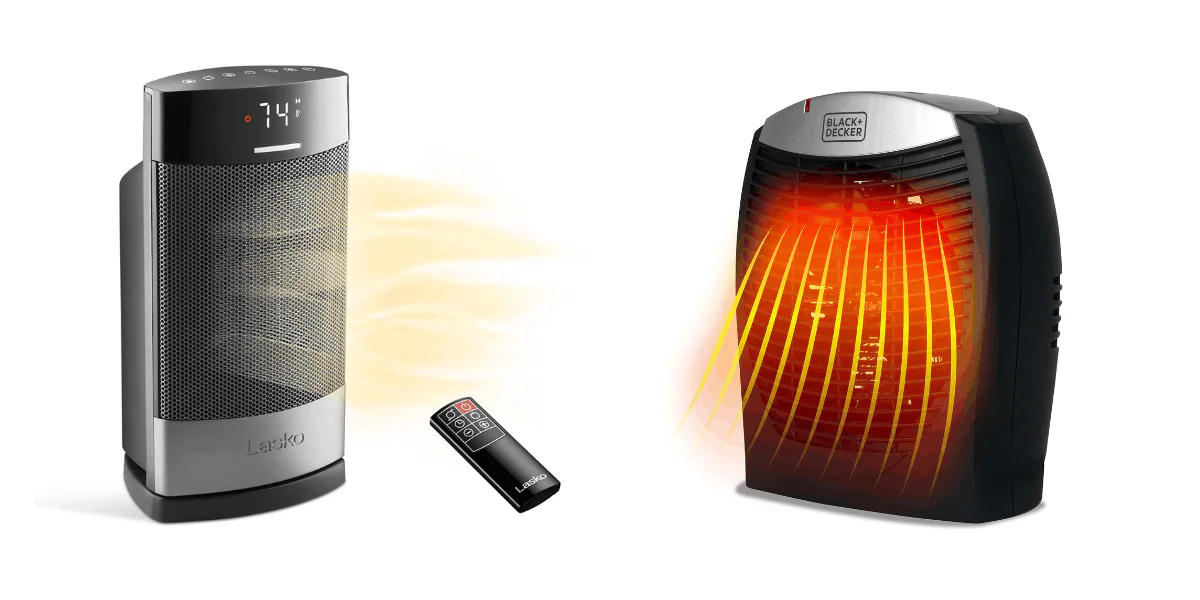 (Left) Lasko Ellipse Ceramic Tabletop Heater (Right) Black+Decker Indoor Space Heater (Illustration by The Epoch Times, Amazon)