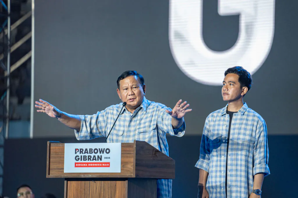 Indonesian presidential candidate Prabowo Subianto, the current defence minister, addresses supporters at an event in Jakarta, Indonesia on Feb. 14, 2024. (Oscar Siagian/Getty Images)