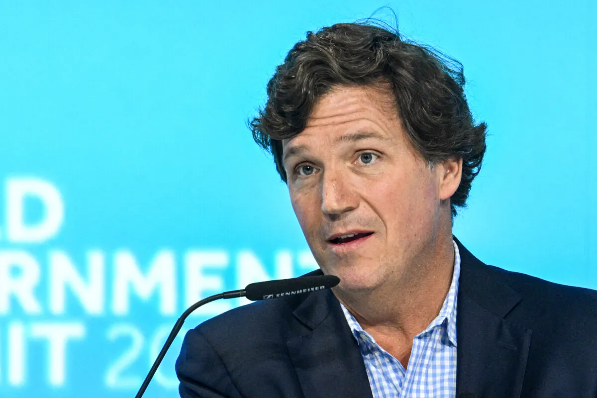 Tucker Carlson, U.S. television personality and founder of the Tucker Carlson Network, speaks at a panel session during the World Government Summit in Dubai on Feb. 12, 2024. (Ryan Lim/AFP via Getty Images)