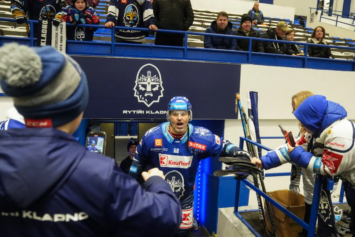 Jaromir Jagr of Kladno Knights arrives for the first Czech hockey league match against Ceske Budejovice in Kladno, Czech Republic, on Jan. 21, 2024. (Petr David Josek/AP Photo)