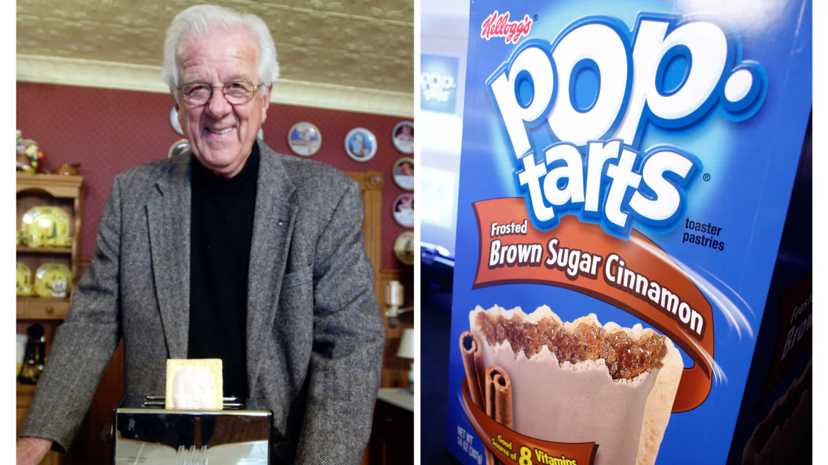 (Left) William Post poses with a Pop-Tart on March 16, 2003. (Jim Bovin/AP Photo) (Right) A general view of atmosphere at the Z100 Artist Gift Lounge Presented by Pop Tarts at Z100's Jingle Ball 2012 at Madison Square Garden in New York City, on Dec. 7, 2012. (Brian Ach/Getty Images for Jingle Ball 2012)
