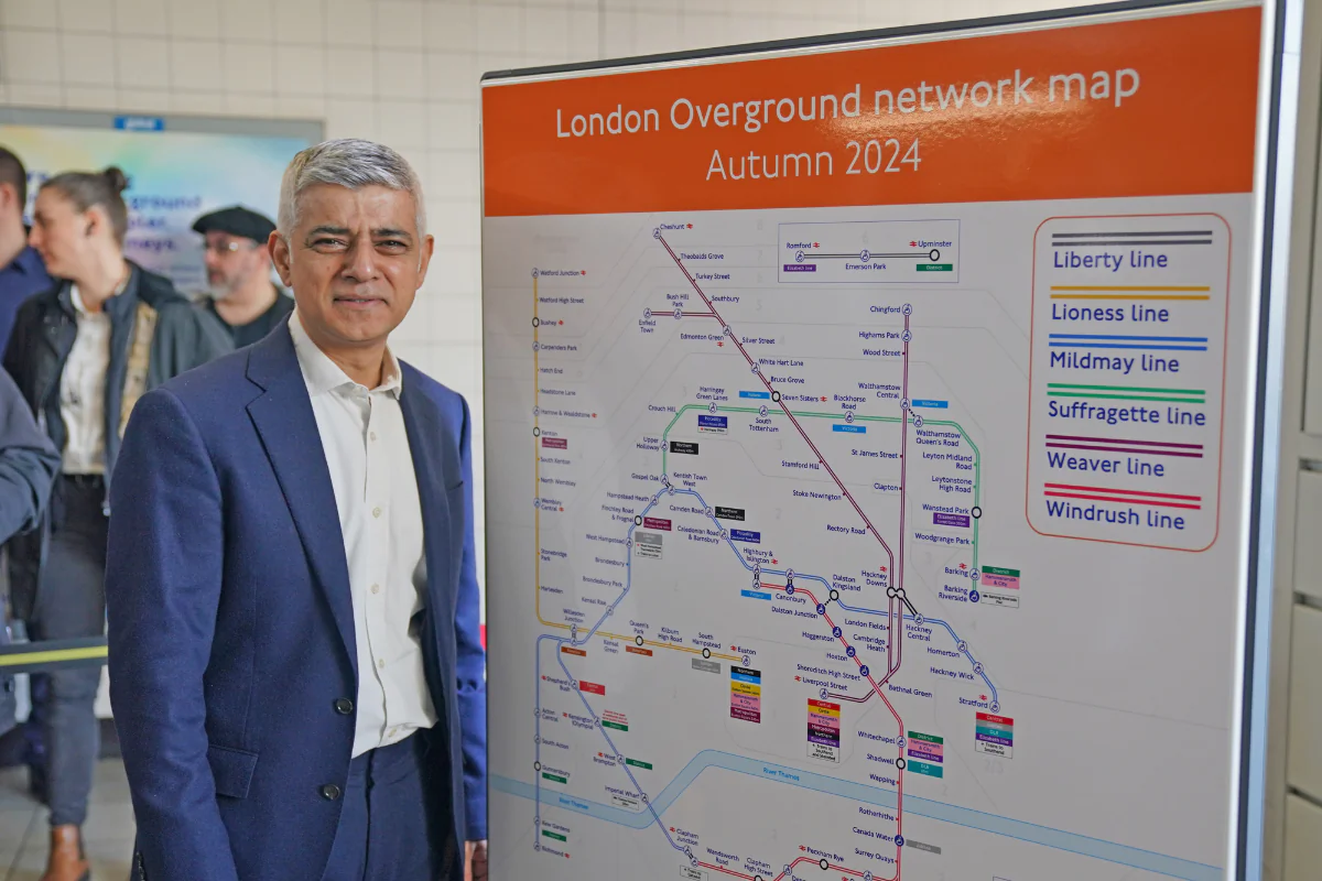 Mayor of London Sadiq Khan during a visit to Highbury and Islington underground station to announce that London Overground services will be split into separate lines in north London on Feb. 15, 2024. (Jonathan Brady/PA Media)