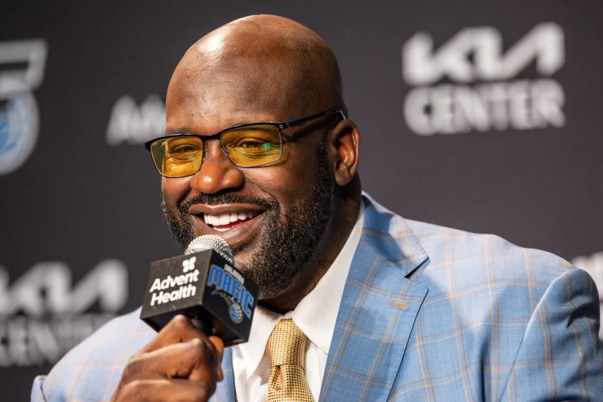 Shaquille O'Neal, speaks during a pre-game press conference about the Orlando Magic retiring his jersey before the Oklahoma City Thunder NBA basketball game in Orlando, Fla., on Feb. 13, 2024. (Kevin Kolczynski/AP Photo)