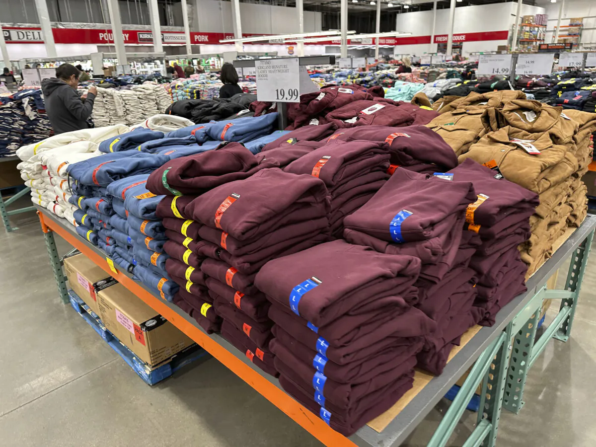 Shoppers peruse stacks of hoodies on display in a Costco warehouse in Timnath, Colo., on Jan. 30, 2024. (David Zalubowski/AP Photo)