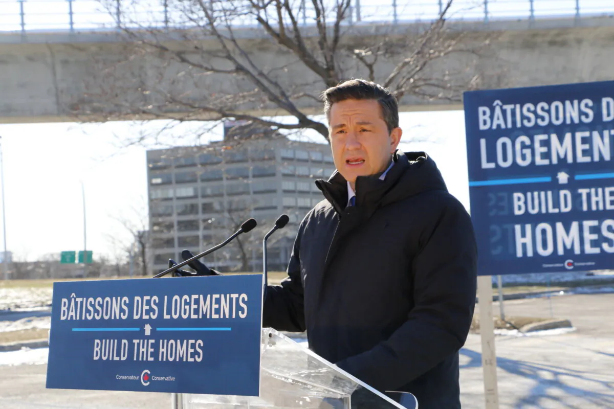 Conservative Party Leader Pierre Poilievre makes an announcement in Pointe-Claire, Que., on Feb. 15, 2024. (Noé Chartier/The Epoch Times)