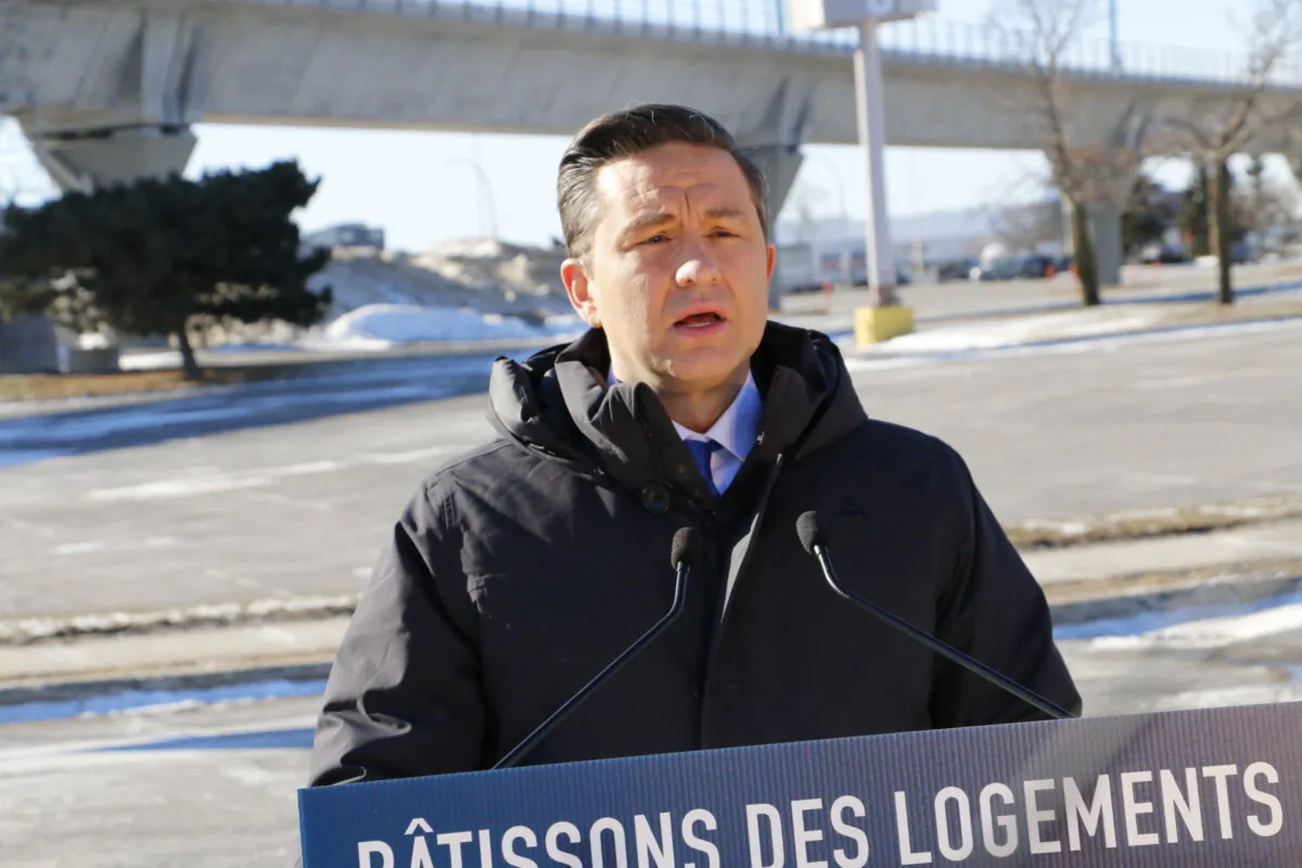 Conservative Leader Pierre Poilievre makes an announcement in Pointe-Claire, Que., on Feb. 15, 2024. (Noé Chartier/The Epoch Times)