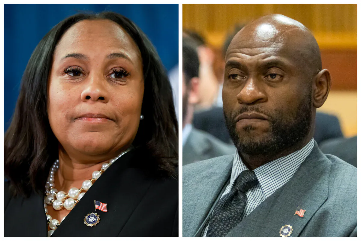 (Left) Fulton County District Attorney Fani Willis in Atlanta on Aug. 14, 2023. (Right) Fulton County District Attorney Special Prosecutor Nathan Wade at the Fulton County Courthouse in Atlanta on Oct. 20, 2023. (Joe Raedle, Alyssa Pointer/Getty Images)