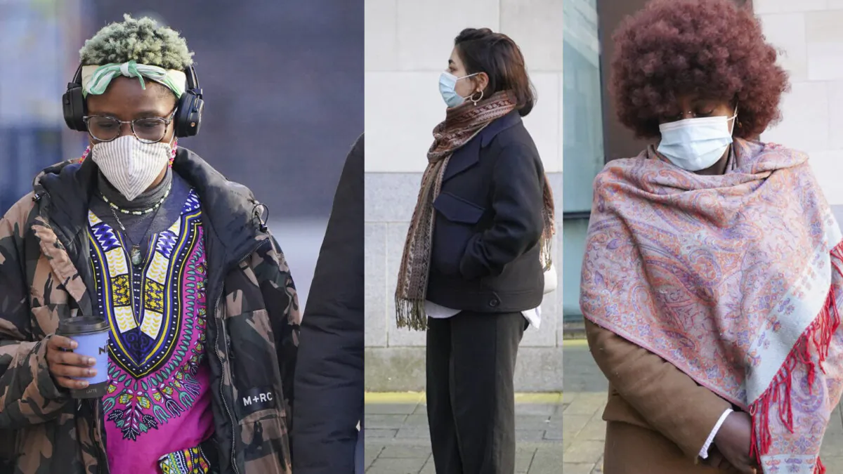 Three women—Noimutu Olayinka Taiwo (L), Heba Alhayek (C), and Pauline Ankunda (R)—accused of wearing paraglider stickers in support of Hamas, arrive at Westminster Magistrates Court in London on Feb. 12, 2024. (PA)