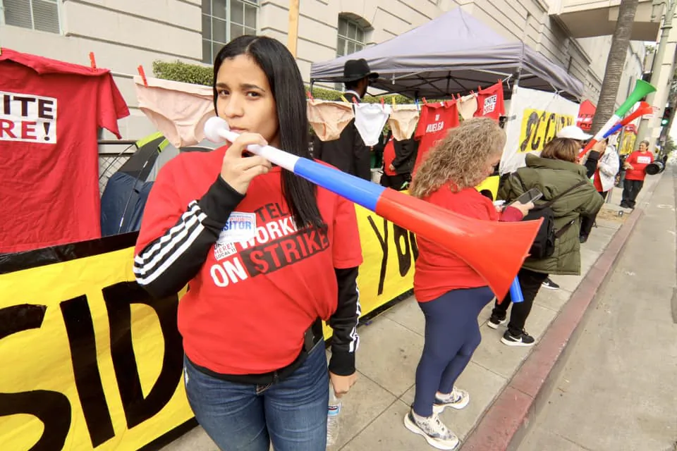 Striking hotel workers demonstrate at City Hall in downtown Los Angeles on Feb. 14, 2024. (Courtesy of Unite Here Local 11)