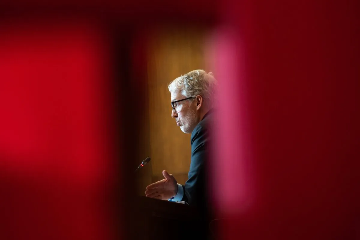 Privacy Commissioner of Canada Philippe Dufresne delivers the results of an investigation, at a press conference in Ottawa, on Jan. 26, 2023. (The Canadian Press/Spencer Colby)