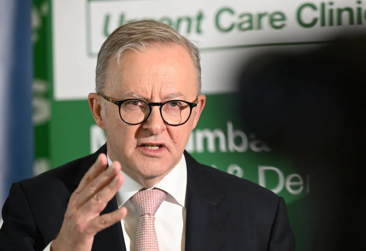 Australian Prime Minister Anthony Albanese is seen during a press conference after attending a tour of the Murrumba Downs Medicare Urgent Care Clinic in Murrumba Downs, north of Brisbane, on Jan. 31, 2024. (AAP Image/Darren England)