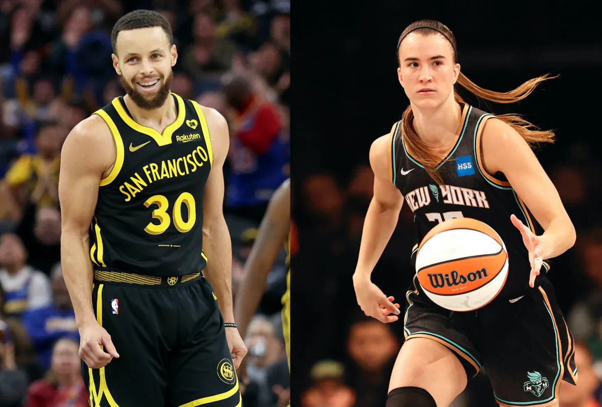 (L) Stephen Curry (30) of the Golden State Warriors during a game against the LA Clippers in San Francisco on Feb. 14, 2024. (Ezra Shaw/Getty Images); (R) Sabrina Ionescu of the New York Liberty plays against the Las Vegas Aces at the 2023 WNBA Finals in New York City on Oct. 18, 2023. (Sarah Stier/Getty Images)