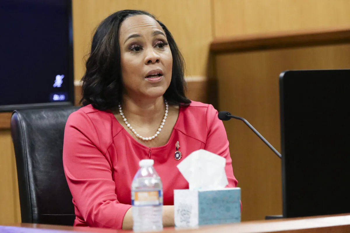 Fulton County District Attorney Fani Willis testifies during a hearing in the case of the State of Georgia v. Donald John Trump at the Fulton County Courthouse in Atlanta on Feb. 15, 2024. (Alyssa Pointer-Pool/Getty Images)
