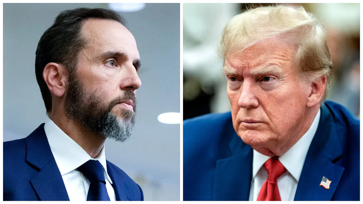 (Left) Special counsel Jack Smith delivers remarks in Washington on Aug. 1, 2023. (Right) Former President Donald Trump attends his trial in New York State Supreme Court in New York City on Dec. 7, 2023. (Drew Angerer, David Dee Delgado/Getty Images)