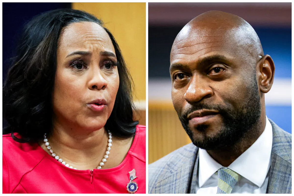 (Left) Fulton County district attorney Fanni Willis testifies during a hearing into 'misconduct' allegations against her at the Fulton County Courthouse in Atlanta on Feb. 15, 2024. (Right) Fulton County Special Prosecutor Nathan Wade looks on during a hearing in the case of the State of Georgia v. Donald John Trump at the Fulton County Courthouse in Atlanta on Feb. 15, 2024. (Alyssa Pointer/Pool via Getty Images)