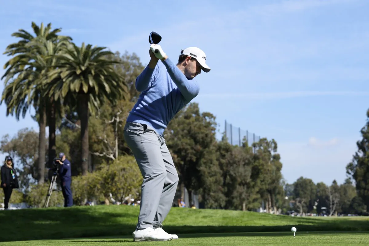 Patrick Cantlay hits from the 11th tee during the first round of the Genesis Invitational golf tournament at Riviera Country Club in Los Angeles on Feb. 15, 2024. (Ryan Kang/AP Photo)