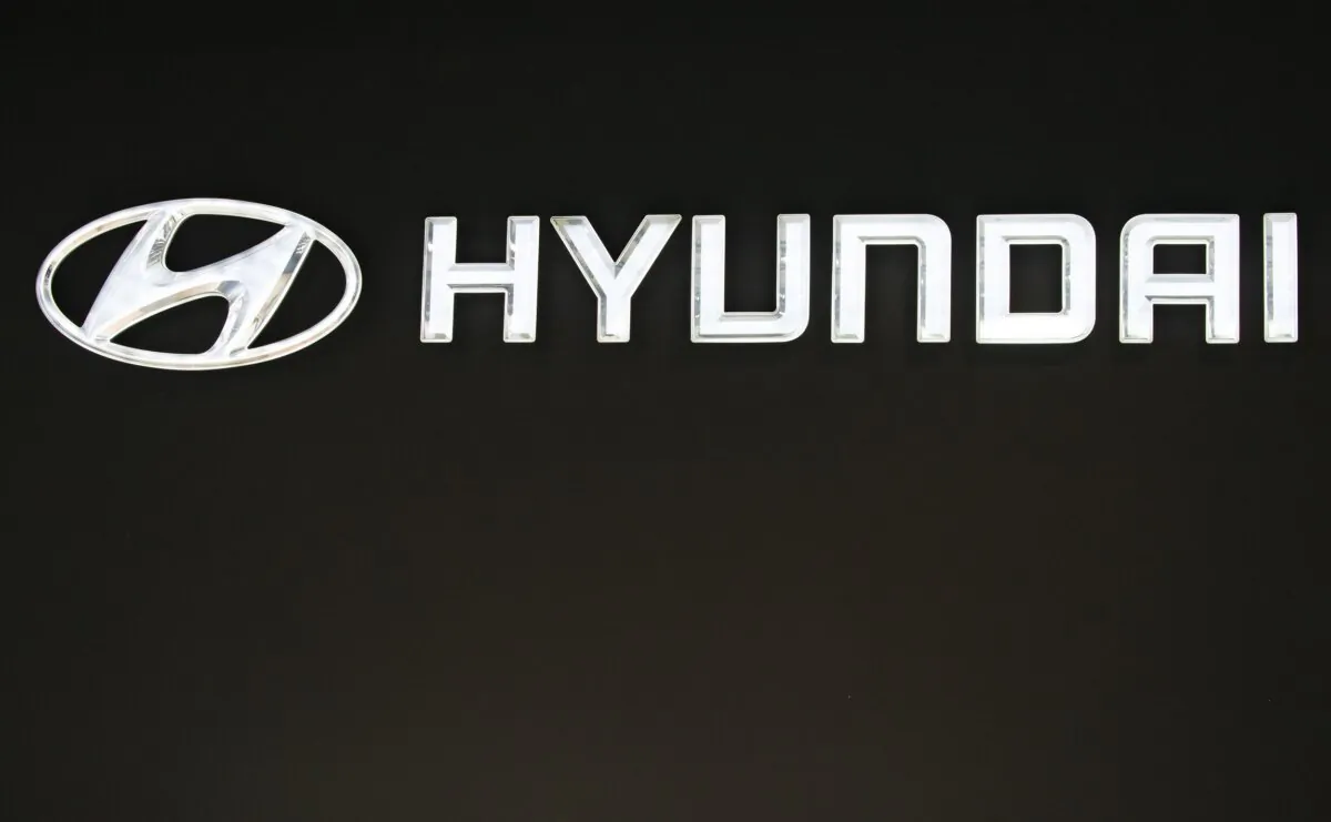 Hyundai logo during the opening day of the 97th edition of the Brussels Motor Show at Brussels Expo in Brussels on Jan. 18, 2019. (Dirk Waem/AFP via Getty Images)