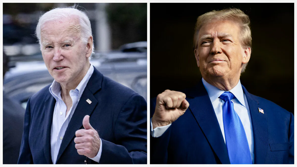 (Left) President Joe Biden gives a thumbs up as he leaves St. Edmond Roman Catholic Church in Rehoboth Beach, Del., on Nov. 4, 2023. (Brendan Smialowski/AFP via Getty Images); (Right) Former President Donald Trump looks on during a campaign rally at Trendsetter Engineering Inc. in Houston, Texas, on Nov. 2, 2023. (Brandon Bell/Getty Images)