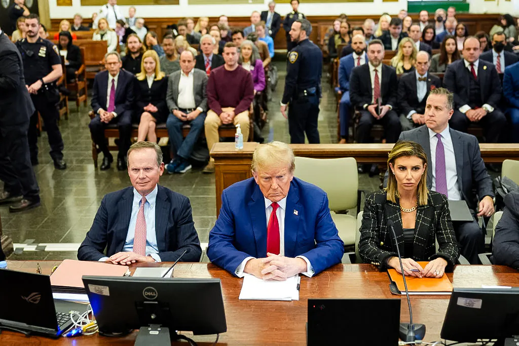 Former U.S. President Donald Trump and his lawyers, Christopher Kise and Alina Habba, attend the closing arguments in The Trump Organization civil fraud trial at New York Supreme Court in New York City, on Jan. 11, 2024. (Seth Wenig-Pool/Getty Images)