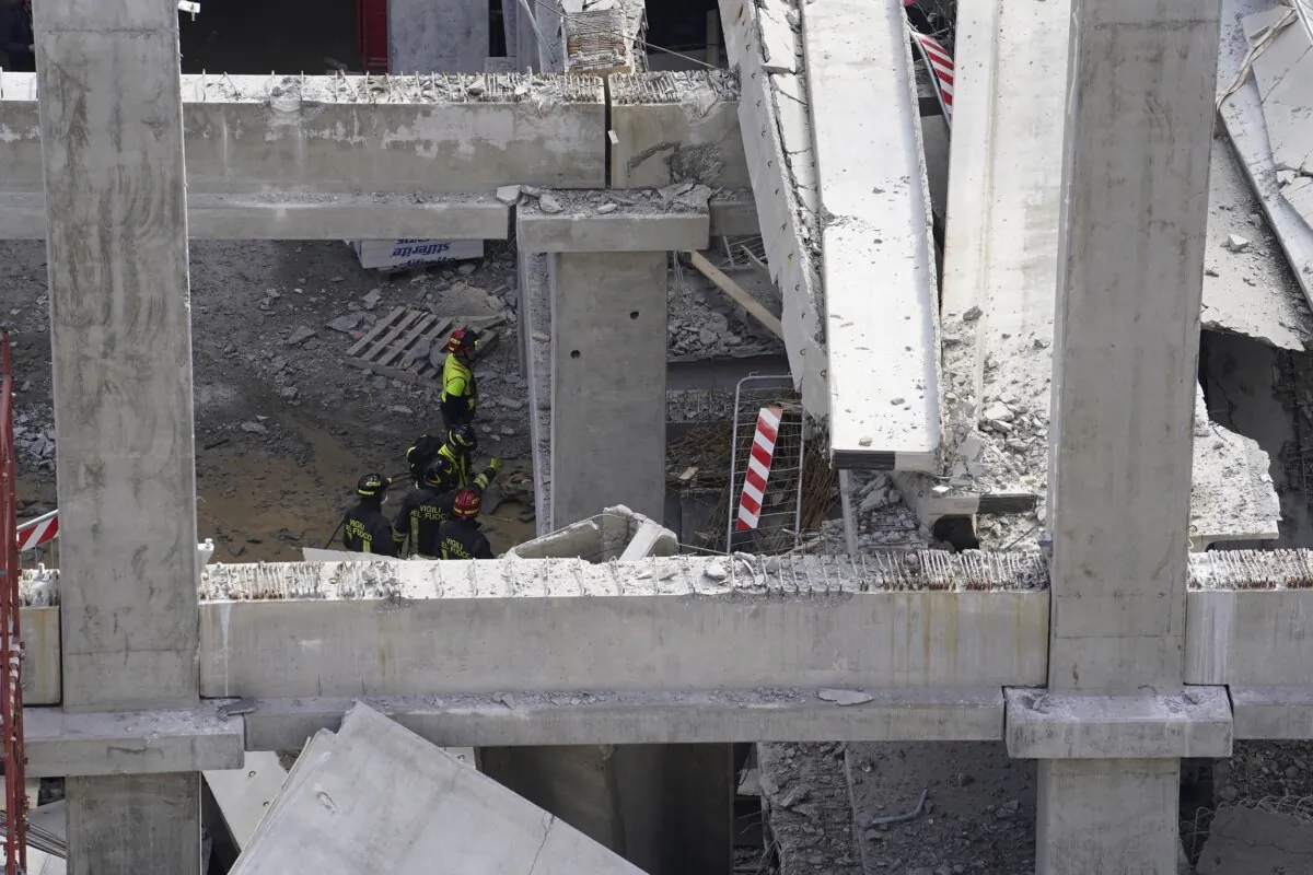 Firefighters arrive at the scene of an accident at a construction site in Florence, Italy, on Feb. 16, 2024. (Marco Bucco/LaPresse via AP)