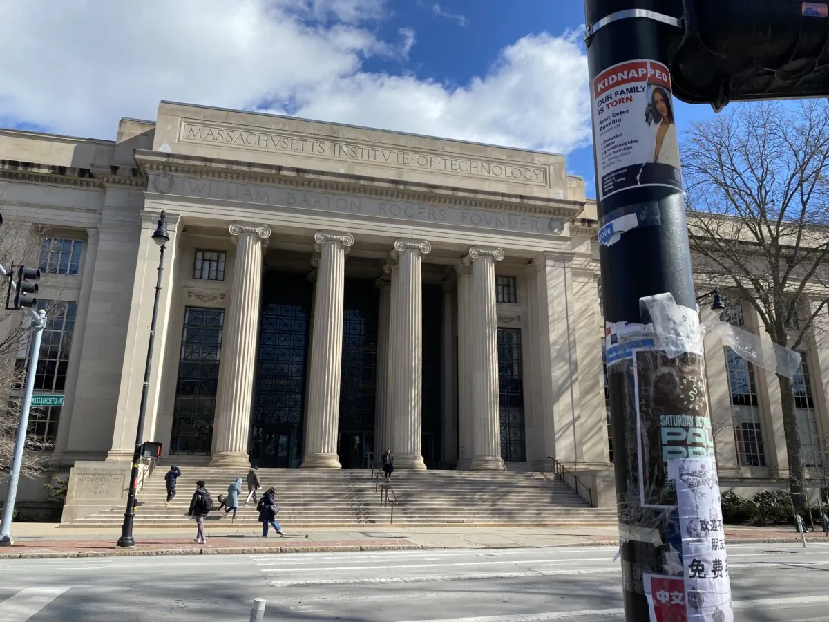 MIT Main Campus Building across the street a kidnapped poster hangs of one of the Israelis missing following the Oct. 7, 2023, Hamas attack. (Alice Giordano/The Epoch Times)