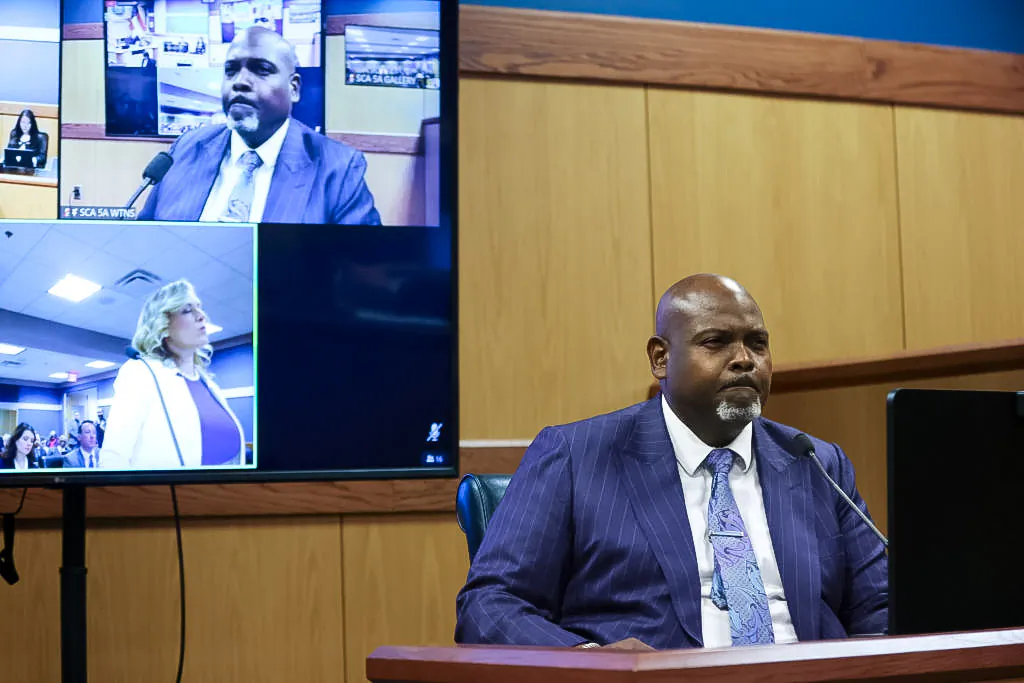 Attorney Terrence Bradley testifies during a hearing in the case of the State of Georgia v. Donald John Trump at the Fulton County Courthouse on February 15, 2024 in Atlanta, Georgia. Judge Scott McAfee is hearing testimony as to whether DA Fanni Willis and Special Prosecutor Nathan Wade should be disqualified from the case for allegedly lying about a personal relationship. (Photo by Alyssa Pointer-Pool/Getty Images)