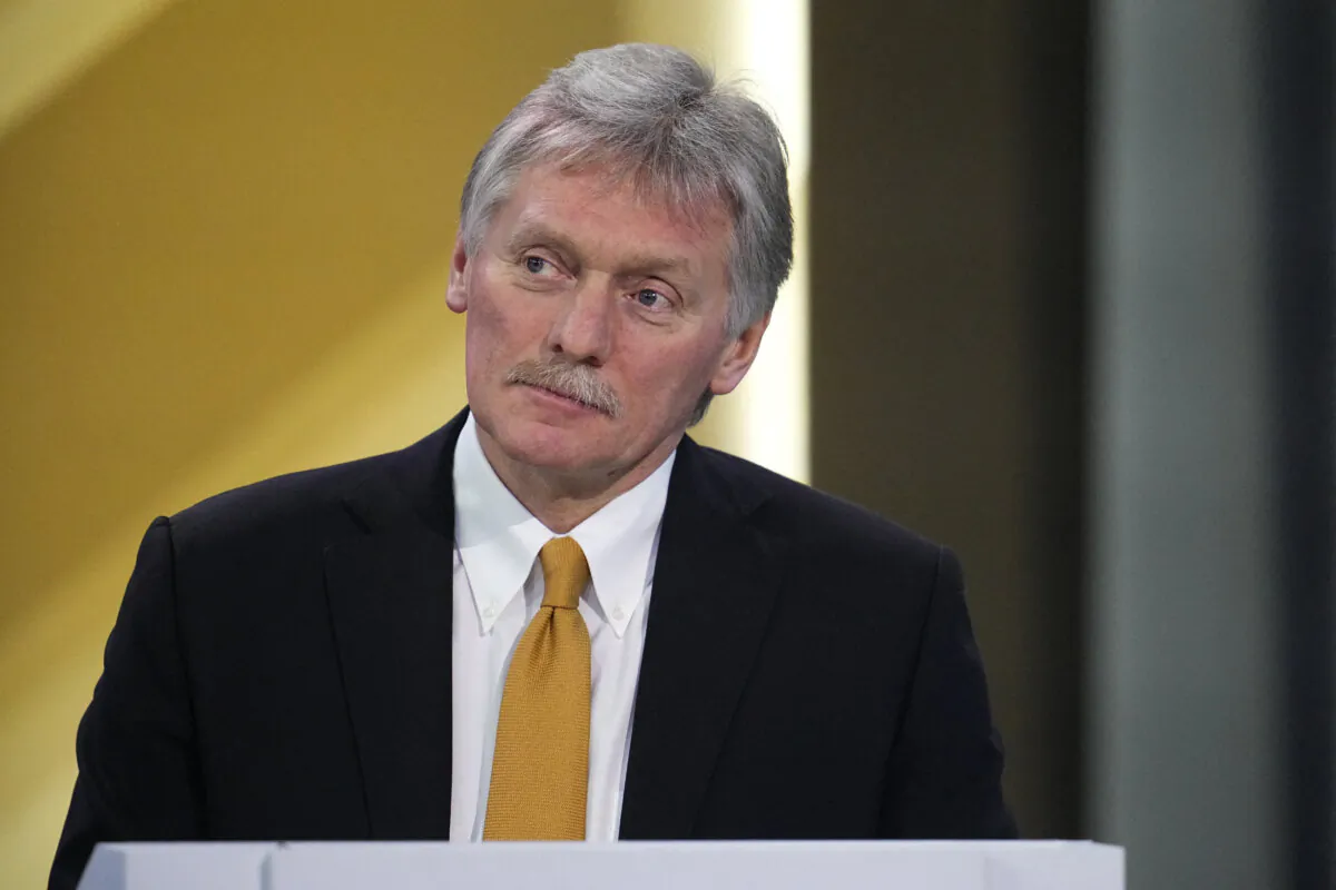 Kremlin spokesman Dmitry Peskov moderates Russian President Vladimir Putin's year-end press conference at Gostiny Dvor exhibition hall in central Moscow, Russia, on Dec. 14, 2023. (Alexander Zemlianichenko/POOL/AFP via Getty Images)