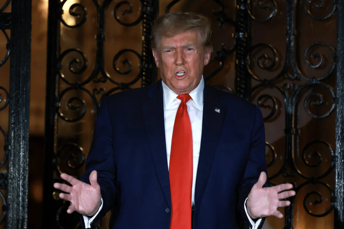 Former President and current GOP Presidential candidate Donald Trump addresses the press at Mar-a-Lago in West Palm Beach, Fla., on Feb. 16, 2024. (Joe Raedle/Getty Images)