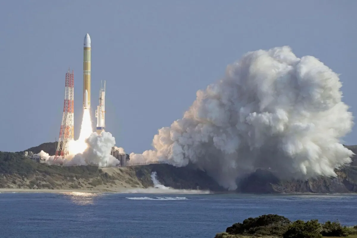 An H3 rocket lifts off at Tanegashima Space Center in Kagoshima, southern Japan, on Feb. 17, 2024. (Kyodo News via AP)