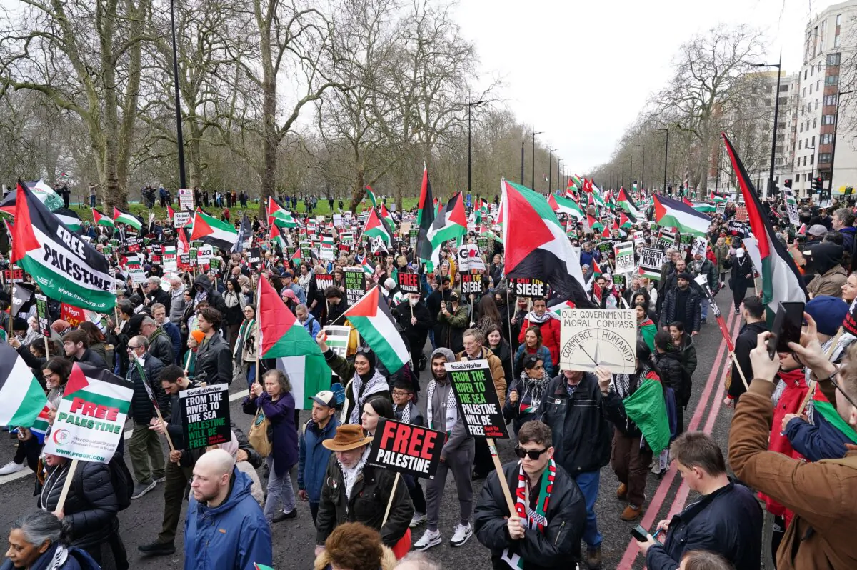 People take part in a pro-Palestine march in central London, organised by the Palestine Solidarity Campaign, calling for a ceasefire in the conflict between Israel and the Hamas terrorist group, on Feb. 17, 2024. (Jordan Pettitt/PA Wire)
