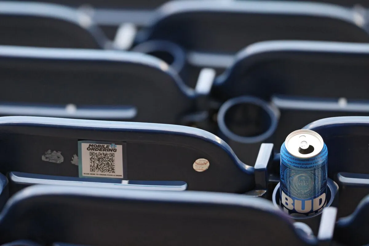 A mobile ordering QR code is seen on the back of a seat at a baseball game at Nationals Park, in Washington on April 7, 2021. (Patrick Smith/Getty Images)