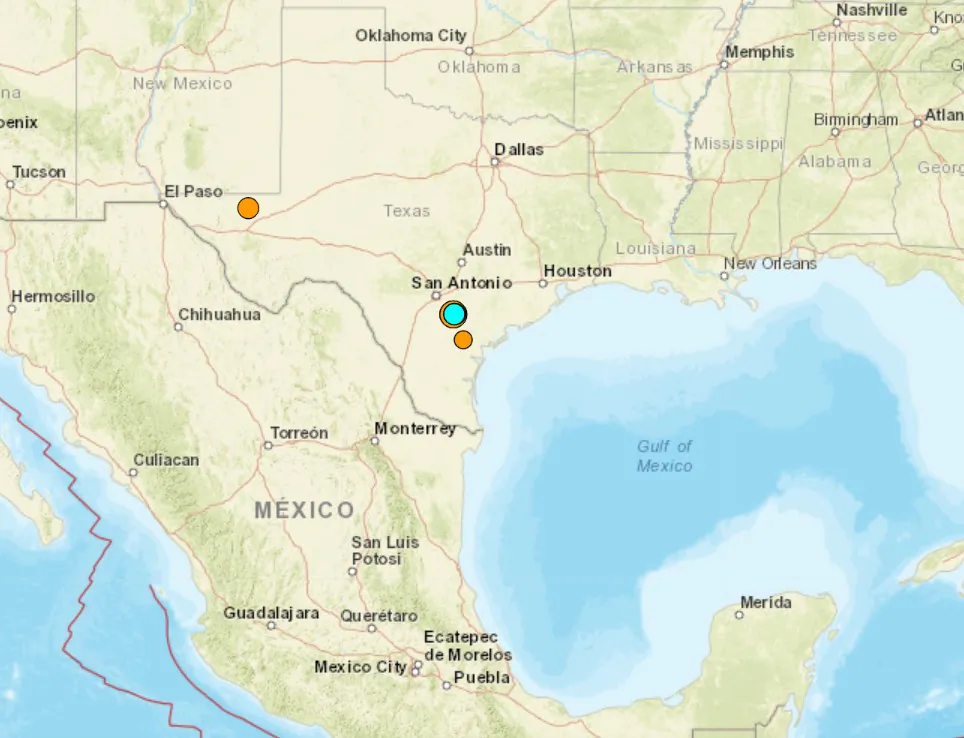 The epicenter (blue dot) of a 4.7 magnitude earthquake near Falls City, Texas, on Feb. 17, 2024. (U.S. Geological Survey/Screenshot via NTD News)