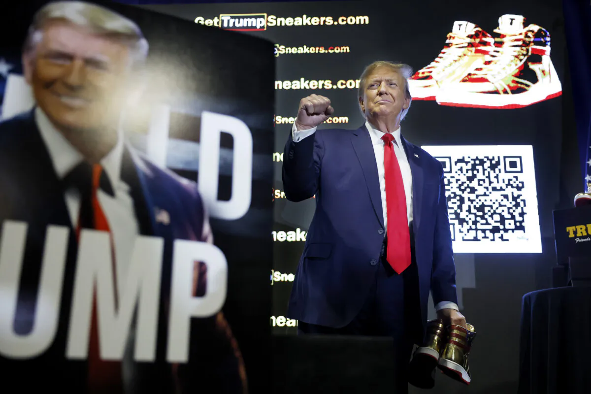 Republican presidential candidate and former President Donald Trump takes the stage to introduce a new line of signature shoes at Sneaker Con at the Philadelphia Convention Center in Philadelphia on Feb. 17, 2024. (Chip Somodevilla/Getty Images)