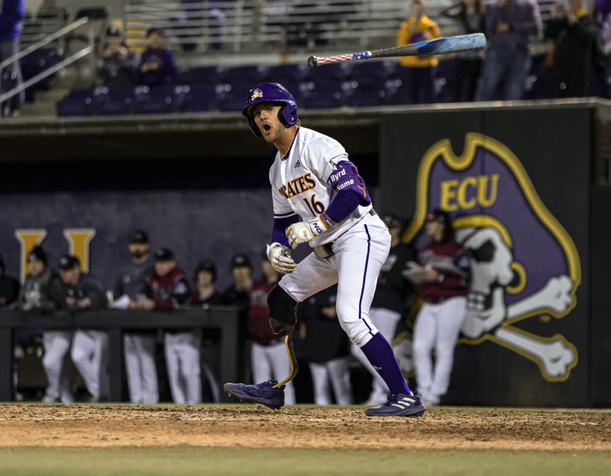 Parker Byrd during an NCAA college baseball game against Rider in Greenville, N.C., on Feb. 16, 2024. (East Carolina University via AP)