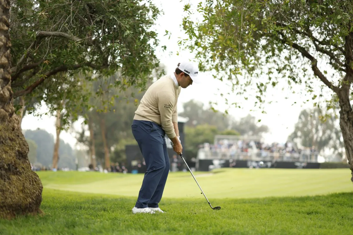 Patrick Cantlay hits off the fairway rough on the 10th hole during the third round of the Genesis Invitational golf tournament at Riviera Country Club in the Pacific Palisades area of Los Angeles on Feb. 17, 2024. (Ryan Kang/AP Photo)