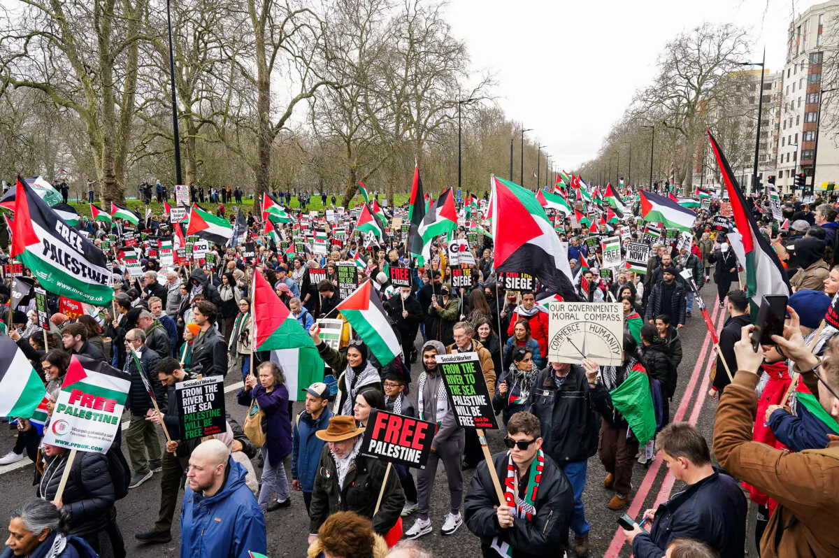 People take part in a pro-Palestine march in central London, organised by the Palestine Solidarity Campaign, calling for a ceasefire in the conflict between Israel and the Hamas terrorist group, on Feb. 17, 2024. (Jordan Pettitt/PA Wire)