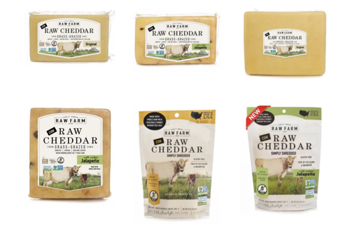 Recalled RAW FARM-brand Raw Cheddar cheese products. (FDA)