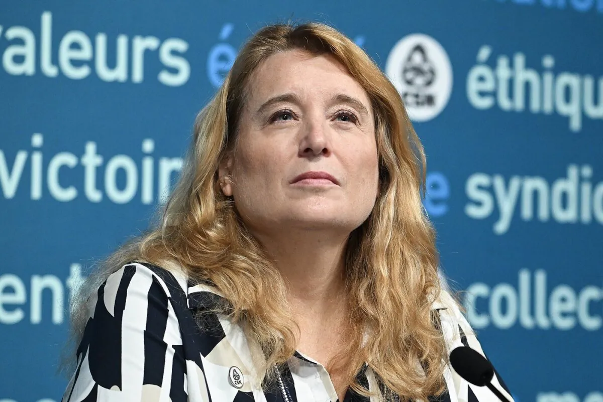 Confederation des syndicats nationaux (CSN) President Caroline Senneville speaks during a news conference in Montreal, on Aug. 15, 2023. (The Canadian Press/Graham Hughes)