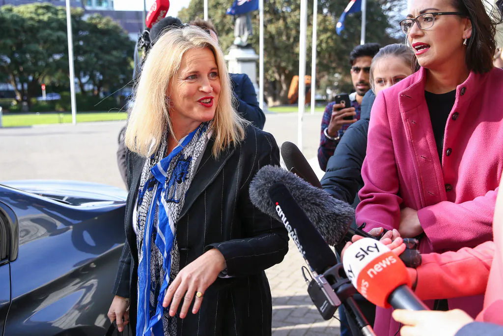 Disability Issues Minister Louise Upston arrives prior to a caucus meeting at Parliament in Wellington, New Zealand, on May 22, 2020. (Hagen Hopkins/Getty Images)